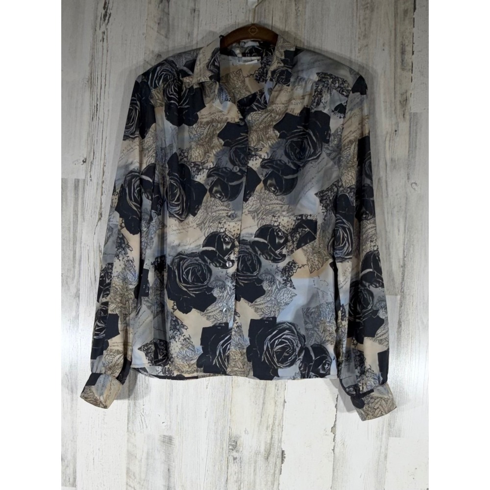James Kenrob Button Up Blouse Size 14 Vintage Gray Tan Floral Rose Print‎